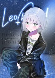  1girl absurdres bag black_bag black_jacket blush bob_cut collarbone commentary drop_shadow earrings green_eyes green_pants grey_hair group_name hair_behind_ear highres hinomori_shiho jacket jewelry koromonme66 lapels leather leather_jacket long_sleeves looking_at_viewer notched_lapels official_alternate_costume official_alternate_hairstyle open_clothes open_jacket pants parted_lips project_sekai shirt short_hair shoulder_bag sidelocks signature sitting smile solo swept_bangs twitter_username watermark white_shirt zozotown 