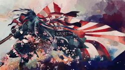  1girl absurdres black_hair cherry_blossoms flag girls_frontline gun highres imperial_japanese_army japanese_flag long_hair petals red_scarf rifle rising_sun_flag scarf skirt solo sunburst sunburst_background todoroki_mushi type_100_(girls'_frontline) weapon 