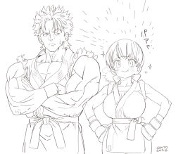 1boy 1girl bare_shoulders belt blush bow breasts brother_and_sister collarbone conto cowboy_shot crossed_arms dated dougi fingerless_gloves gloves hair_bow hand_on_own_hip headband karate_gi large_breasts mma_gloves monochrome muscular muscular_male ryou_sakazaki short_hair siblings signature sleeves_rolled_up smile standing the_king_of_fighters torn_clothes torn_sleeves v-shaped_eyebrows wristband yuri_sakazaki 