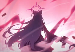  1girl animal_ears artist_request assault_rifle black_dress black_halo blue_archive broken_halo dress from_behind game_cg grey_hair gun halo highres holding holding_gun holding_weapon long_hair non-web_source official_art rifle shiroko_terror_(blue_archive) solo very_long_hair weapon wide_sleeves wolf_ears wolf_girl 