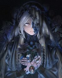  1girl black_background black_dress black_flower black_rose bouquet closed_mouth commentary cracked_skin doll_joints dress elden_ring elden_ring_nightreign floral_background flower grey_hair highres holding holding_bouquet holding_flower holding_pendant jewelry joints kageisland_9lov long_hair looking_at_viewer official_alternate_costume pendant revenant_(darkness)_(elden_ring) revenant_(elden_ring) rose skull solo twitter_username veil white_flower 