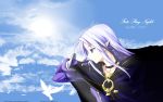  blue_eyes blue_hair braid cape caster fate/stay_night fate_(series) highres jewelry pointy_ears ring sky wallpaper 