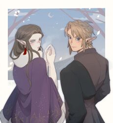  1boy 1girl blonde_hair blue_eyes blush border brown_coat brown_hair cloak closed_mouth coat crescent_moon earrings fur-trimmed_robe fur_trim gloves helikasei jewelry light_smile link long_hair looking_at_viewer moon outdoors own_hands_together parted_bangs parted_lips pointy_ears princess_zelda purple_cloak robe short_hair the_legend_of_zelda the_legend_of_zelda:_twilight_princess upper_body white_border white_gloves winter 