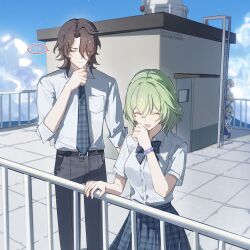  2girls 3boys aether_(genshin_impact) aged_down ahoge alternate_costume alternate_universe artist_name belt belt_buckle black_belt blonde_hair blouse blue_bow blue_bowtie blue_eyes blue_flower blue_necktie blue_skirt blue_sky blue_sweater_vest bow bowtie bracelet breast_pocket brown_eyes brown_hair brown_shoes buckle building cardigan cardigan_around_waist clenched_hand closed_eyes closed_mouth clothes_around_waist clouds cloudy_sky collared_shirt commentary contemporary couple dainsleif_(genshin_impact) english_commentary eyelashes facing_another facing_down flower genshin_impact green_hair grey_pants hair_between_eyes hair_flower hair_intakes hair_ornament hand_on_railing hand_up height_difference hetero hiding highres jewelry jitome kneeling looking_at_another lumine_(genshin_impact) multicolored_flower multiple_boys multiple_girls necktie open_mouth outdoors pants peeking_out pink_cardigan pocket railing rerir_(genshin_impact) school_rooftop school_uniform shirt shoes short_sleeves skirt sky socks spoken_blush sweater_vest tholindis_(genshin_impact) three-quarter_sleeves tile_floor tiles tongue tongue_out twitter_username twitter_x_logo white_flower white_shirt white_sleeves white_socks xiaohongshu_id yiyiyiyi670 
