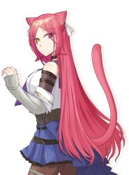  1girl animal_ears arm_belt assault_lily bare_shoulders belt belt_buckle black_belt black_choker black_shirt blue_sailor_collar blue_skirt breasts brown_pantyhose buckle cat_ears cat_girl cat_tail choker closed_mouth commentary_request cowboy_shot crop_top detached_sleeves drop_shadow from_side green_eyes hair_ribbon half_updo hand_up heterochromia kemonomimi_mode layered_sleeves long_hair long_sleeves looking_at_viewer looking_to_the_side medium_breasts miniskirt neckerchief nigari_(ngari_0115) odaiba_girls_high_school_uniform pantyhose parted_bangs pleated_skirt purple_neckerchief red_eyes red_hair ribbon sailor_collar school_uniform serafuku shiba_tomoshibi shirt simple_background skirt sleeveless sleeveless_shirt solo standing tail tail_raised thigh_strap undershirt very_long_hair waist_cape white_background white_ribbon white_shirt 