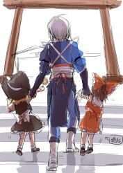  1boy 2girls aged_down aihara-rina apron back_bow black_hat black_skirt black_vest blonde_hair boots bow brown_hair child chinese_commentary commentary_request detached_sleeves facing_away frilled_bow frilled_hair_tubes frills from_behind grey_hair hair_bow hair_tubes hakurei_reimu hat hat_bow kirisame_marisa long_hair morichika_rinnosuke multiple_girls red_bow red_skirt ribbon-trimmed_sleeves ribbon_trim skirt skirt_set socks stairs torii touhou vest waist_apron white_boots white_bow white_socks witch_hat 