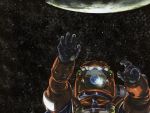  earth moon planetes reaching reflection solo space spacesuit star zero_gravity 
