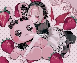  1girl apron brown_hair commentary_request debitto_(makaino_ririmu) demon_wings detached_wings food frilled_apron frills fruit happy_birthday highres maid_headdress makaino_ririmu makaino_ririmu_(5th_costume) multicolored_hair nijisanji official_alternate_costume pointy_ears polka_dot polka_dot_background powako_(mtu_dn) puffy_short_sleeves puffy_sleeves short_hair short_sleeves smile solo strawberry streaked_hair stuffed_animal stuffed_rabbit stuffed_toy virtual_youtuber waist_apron wings 