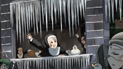  5girls :d ball bandaid bandaid_on_face basketball_(object) bird blonde_hair blue_eyes brown_hair chicken closed_eyes clumsy_nun_(diva) commentary diva_(hyxpk) duck english_commentary froggy_nun_(diva) goggles green_helmet grey_hair helmet highres hungry_nun_(diva) icicle leaf_nun_(diva) little_nuns_(diva) multiple_girls nun red_star shovel smile star_(symbol) star_nun_(diva) star_ornament traditional_nun 