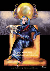  black_dress blue_hair cabbit commentary dress english_commentary facial_mark gold_diadem hair_pulled_back highres historical_name_connection ken-ouki nagi_(tenchi_muyou!) name_connection red_eyes sitting_on_throne tenchi_muyou! tight_clothes tight_dress viy_sitante 