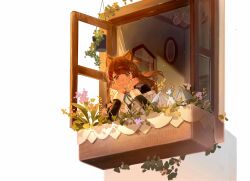  1girl :3 animal_ears apron bat_(animal) black_dress blue_ribbon brooch brown_eyes brown_hair brown_ribbon clenched_hands closed_mouth cocoa_(shinyshynii) collar commentary dress elbow_rest english_commentary floating_hair flower flower_pot flower_request frilled_apron frills from_below hair_ribbon hands_on_own_cheeks hands_on_own_face highres horns jewelry juliet_sleeves leaf light_rays long_hair long_sleeves looking_at_viewer looking_outside mole mole_under_eye neck_ribbon open_window original puffy_sleeves ribbon shinyshynii sidelighting simple_background smile swept_bangs upper_body white_apron white_background white_collar white_wrist_cuffs window windowsill wolf_ears wolf_girl wrist_cuffs 