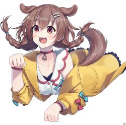  1girl :d absurdres animal_collar animal_ears artist_name belt_collar blush bone_hair_ornament braid braided_twintails breasts brown_eyes brown_hair buttons collar commentary_request dated dog_ears dog_girl dog_tail double-parted_bangs dress extra_ears fangs hair_between_eyes hair_ornament hairclip highres hololive inugami_korone inugami_korone_(1st_costume) jacket large_breasts long_hair looking_afar looking_ahead low_twin_braids low_twintails lying nail_polish on_stomach open_clothes open_jacket open_mouth parallel_hairclips paw_pendant paw_pose raised_eyebrows red_collar signature simple_background single_bare_shoulder single_off_shoulder sleeveless sleeveless_dress smile solo tail transparent_background traveler_(artbbt) twin_braids twintails virtual_youtuber white_dress yellow_jacket yellow_nails 