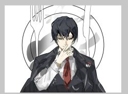  1boy bags_under_eyes black_coat black_eyes black_jacket butter_knife closed_eyes coat coat_on_shoulders collared_shirt covering_own_mouth fork hair_between_eyes hand_over_own_mouth jacket knife lapels limbus_company male_focus necktie notched_lapels open_clothes open_coat plate project_moon red_necktie shirt shoggoth_(sirens20211) short_hair suit_jacket unfinished upper_body white_background white_shirt yi_sang_(project_moon) 