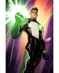  1boy black_bodysuit bodysuit brown_hair clenched_hands david_nakayama dc_comics domino_mask eye_mask green_bodysuit green_lantern green_lantern_(series) green_mask highres kyle_rayner looking_at_viewer mask multicolored_bodysuit pillarboxed short_hair solo white_bodysuit 