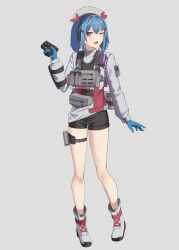  1girl ;d absurdres beret black_shorts blue_gloves blue_hair boots colphne_(girls'_frontline_2) commentary full_body gar32 girls'_frontline_2:_exilium girls_frontline gloves grey_background grey_boots grey_hat grey_shirt gun hair_ribbon hand_up hat highres holding holding_gun holding_weapon long_sleeves looking_at_viewer one_eye_closed puffy_long_sleeves puffy_sleeves red_eyes red_ribbon ribbon shirt shorts simple_background smile solo standing twintails weapon weapon_request 