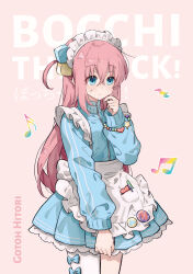  1girl absurdres alternate_costume apron beamed_eighth_notes blue_bow blue_eyes blush bocchi_the_rock! bow character_name chinese_commentary closed_mouth commentary_request copyright_name cowboy_shot cube_hair_ornament dress eighth_note english_text frilled_apron frills gotoh_hitori hair_between_eyes hair_bow hair_ornament highres jacket long_hair long_sleeves maid maid_apron maid_headdress migolu mixed-language_text musical_note nuoweisenlin_tongren_gongzuoshi one_side_up pink_hair simple_background single_thighhigh solo sweatdrop thigh-highs track_jacket 