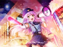  1girl armband blue_hat blue_necktie blue_shirt blue_skirt building car collared_shirt full_moon game_cg gloves green_armband hat holding holding_baton holding_megaphone light_rays long_hair looking_at_viewer megaphone moon motor_vehicle necktie night official_art open_mouth otonashi_ichie pleated_skirt police police_car police_hat police_uniform policewoman purple_hair shirt short_sleeves shoujo_kageki_revue_starlight shoujo_kageki_revue_starlight_-re_live- skirt solo standing suspenders traffic_baton upper_body white_gloves yellow_eyes 