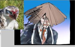  1boy bamboo-hatted_kim black_coat black_jacket black_suit blank_eyes blood blood_on_clothes blood_on_face coat hat jacket jingasa limbus_company male_focus necktie open_clothes open_coat project_moon red_necktie reference_inset scar scar_across_eye scar_on_face scar_on_mouth shoggoth_(sirens20211) suit suit_jacket torn_clothes torn_hat white_trim 