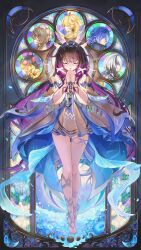  1girl absurdres aether_(genshin_impact) arlecchino_(genshin_impact) barefoot black_hair closed_eyes columbina_(genshin_impact) commentary_request dress eye_mask flins_(genshin_impact) full_body genshin_impact hair_ornament hands_up highres jahoda_(genshin_impact) long_hair long_sidelocks mask multicolored_hair own_hands_clasped own_hands_together parted_lips pioko purple_hair sandrone_(genshin_impact) sidelocks solo_focus stained_glass standing very_long_hair white_dress wing_hair_ornament 