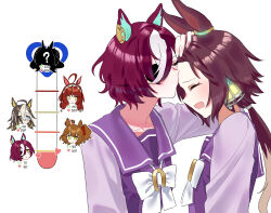  6+girls animal_ears aston_machan_(umamusume) baejimile black_hair blue_eyes blush bow brown_hair closed_eyes commentary crown daiwa_scarlet_(umamusume) dream_journey_(umamusume) eyepatch glasses green_eyes hair_over_one_eye highres horse_ears horse_girl kiss kiss_meter_(meme) kissing_forehead long_hair long_sleeves looking_at_another meme mini_crown multicolored_hair multiple_girls one_side_up open_mouth purple_sailor_collar purple_shirt red_desire_(umamusume) red_hair red_veil sailor_collar school_uniform shirt symbol-only_commentary tanino_gimlet_(umamusume) tracen_school_uniform twintails two-tone_hair umamusume veil vodka_(umamusume) white_bow white_hair yellow_eyes yuri 