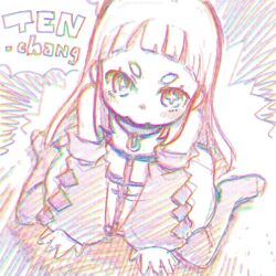  +_+ 10-tan 1girl :> bare_shoulders blunt_bangs blush chromatic_aberration commentary_request detached_sleeves dress flat_chest from_above highres imuhata_shimuro long_hair long_sleeves os-tan short_bangs short_eyebrows sitting solo 