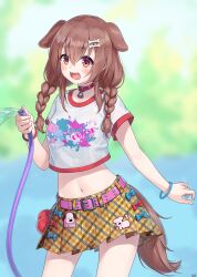  1girl :d absurdres animal_collar animal_ears arm_at_side belt bone_hair_ornament braid braided_twintails brown_eyes brown_hair brown_tail character_pin collar commentary_request contrapposto cowboy_shot dog_ears dog_girl dog_tail double-parted_bangs extra_ears fangs futo-inu hair_between_eyes hair_ornament hairclip highres holding holding_hose hololive hose hoso-inu inugami_korone inugami_korone_(holonatsu_paradise) legs_apart long_hair looking_at_viewer low_twin_braids low_twintails midriff miniskirt navel official_alternate_costume open_mouth parallel_hairclips paw_pendant pink_belt plaid_clothes plaid_skirt pleated_skirt print_shirt red_collar shirt shirt_overhang skirt smile solo studded_belt t-shirt tail tail_through_clothes traveler_(artbbt) twin_braids twintails virtual_youtuber white_shirt wristband yellow_skirt 