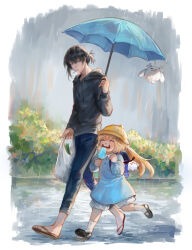  1boy 1girl absurdres age_difference aged_down artoria_caster_(fate) artoria_pendragon_(fate) bag black_hair black_hoodie black_pants blonde_hair bloomers blue_dress blue_umbrella commentary dress english_commentary fate/grand_order fate_(series) food happy hat highres holding holding_bag hood hood_down hoodie kindergarten_uniform mary_janes oberon_(fate) oberon_(third_ascension)_(fate) outdoors pants ponytail popsicle rain renrenka_noi running sandals shoes teruterubouzu twintails umbrella yellow_hat 