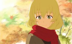  1girl blonde_hair carpaccio_(girls_und_panzer) closed_mouth commentary_request enpera girls_und_panzer green_eyes highres kayabakoro long_hair looking_at_viewer outdoors portrait red_scarf scarf smile solo tree 