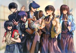  2boys 4girls chainsaw_man cropped_legs cross_scar dress fourth_east_high_school_uniform green_eyes highres mitaka_asa multiple_boys multiple_girls nayuta_(chainsaw_man) pinafore_dress reze_(chainsaw_man) ringed_eyes scar scar_on_face scar_on_nose school_uniform sfour_s4 shark_boy shark_devil_(chainsaw_man) shirt short_sleeves sleeveless sleeveless_dress standing surprised white_shirt yoru_(chainsaw_man) yoshida_hirofumi 