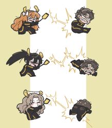  >_< 2boys 2girls antlers ass black_bodysuit black_gloves black_hair bodysuit bow brown_hair chibi christmas_lights commentary_request gloves hair_bow heathcliff_(project_moon) high_ponytail highres hong_lu_(project_moon) horns ishmael_(project_moon) kojocho05 limbus_company long_hair multiple_boys multiple_girls open_mouth orange_hair ponytail project_moon r_corp._(identity)_(project_moon) reindeer_antlers rodion_(project_moon) sharp_teeth sweat teeth very_long_hair white_bow 