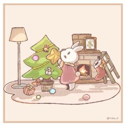  animal animal_focus border box chigu christmas_ornaments christmas_stocking christmas_tree commentary_request decorating_christmas_tree dress fireplace fur-trimmed_sleeves fur_trim gift gift_box highres indoors lamp no_humans open_mouth original rabbit red_dress standing white_border 