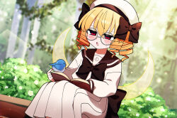  1girl :o bird black_bow black_bowtie black_sailor_collar blonde_hair blue_bird blurry blurry_background blush book bow bowtie commentary_request dress drill_hair fairy_wings glasses hat highres lens_flare long_sleeves luna_child on_bench open_book open_mouth outdoors red_eyes sailor_collar short_hair sitting solo sweatdrop touhou white_dress white_hat wings you_(noanoamoemoe) 