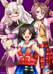  3girls absurdres animal_ears artist_name asymmetrical_clothes asymmetrical_footwear asymmetrical_pants bandaid bandaid_on_cheek bandaid_on_face bandeau biwa_hayahide_(pf._winning_equation...)_(umamusume) biwa_hayahide_(umamusume) black_hair black_shirt black_shorts black_thighhighs blue_bandeau blue_eyes blue_sports_bra blush bnw_(umamusume) bow bowtie breasts brown_hair clothes_around_waist clothing_cutout collared_shirt commentary_request denim ear_ornament fur-trimmed_jacket fur_trim garter_straps glasses grey_hair hair_between_eyes hair_ornament hairclip highres hip_vent hood hoodie horse_ears horse_girl horse_tail horseshoe jacket jacket_around_waist jeans juliet_sleeves konsu_(konsu1182da) long_hair long_sleeves looking_at_viewer low-cut_armhole midriff mismatched_footwear multiple_girls narita_taishin_(nevertheless)_(umamusume) narita_taishin_(umamusume) navel open_mouth overskirt pants pink_jacket puffy_sleeves purple_jacket purple_skirt red-framed_eyewear red_bow red_bowtie red_eyes red_jacket semi-rimless_eyewear shirt shoes short_hair shorts simple_background single_pantsleg skirt sleeveless sleeveless_hoodie sleeveless_jacket smile sports_bra swept_bangs tail tank_top thigh-highs tied_shirt torn_clothes torn_jeans torn_pants umamusume under-rim_eyewear white_background winning_ticket_(get_to_winning!)_(umamusume) winning_ticket_(umamusume) wristband yellow_eyes yellow_shirt yellow_tank_top 