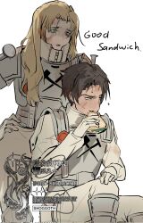  1boy 1girl armor armored_boots blonde_hair blood blood_on_face blue_eyes boots brown_hair commentary_request cowboy_shot curtained_hair eating english_commentary english_text food full_armor gloves hand_on_own_hip hand_on_own_knee heathcliff_(project_moon) highres holding holding_food holding_sandwich limbus_company long_hair looking_at_another n_corp._fanatic_(identity)_(project_moon) pants project_moon rodion_(project_moon) sandwich scar scar_on_face shoggoth_(sirens20211) short_haur watermark white_background white_boots white_gloves white_pants 