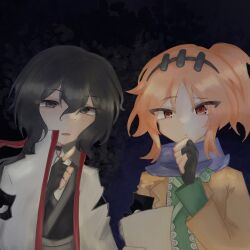  2others adapted_costume androgynous armband black_armband black_background black_choker black_eyes black_gloves black_hair black_kimono chinese_commentary choker closed_mouth coat coat_on_shoulders collared_coat collared_jacket collared_shirt commentary_request compass_(xinjinjumin6687443) dot_nose dress expressionless eye_of_senri eye_print eyes_visible_through_hair fingerless_gloves frown gloves green_kimono hair_between_eyes hand_on_own_chin high_collar holding holding_scroll jacket japanese_clothes kimono lace-trimmed_jacket lapels layered_dress len'en light_blue_yoshi long_hair_between_eyes long_sleeves looking_at_viewer medium_hair multiple_others notched_lapels open_clothes open_coat open_jacket open_mouth orange_eyes orange_hair other_focus print_armband scroll senri_tsurubami shirt shirt_under_kimono short_side_ponytail simple_background thinking torn_clothes torn_sleeves tsurime upper_body wavy_hair white_coat white_shirt zuifeng_tenkai 