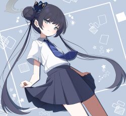  1girl abstract_background black_hair black_skirt blue_archive blue_background blue_necktie butterfly_hair_ornament closed_mouth collared_shirt commentary_request cowboy_shot dutch_angle grey_eyes grey_halo hair_ornament halo highres kisaki_(blue_archive) kisaki_(school_uniform)_(blue_archive) long_hair looking_at_viewer necktie official_alternate_costume pleated_skirt sasanoha_(sasanoha0712) shirt shirt_tucked_in skirt skirt_hold smile solo twintails very_long_hair white_shirt 