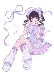  1girl :q absurdres animal_ear_hairband animal_ears black_hair bloomers bow bowtie buttons cat_ear_hairband cat_ears cat_tail collared_dress cross-laced_clothes double-breasted dress fake_animal_ears fake_tail fingerless_gloves frilled_hairband frills gloves hairband heart_button highres kyururin_tte_shitemite leg_warmers long_hair looking_at_viewer multicolored_hair nekosuitai_yo paw_pose puffy_short_sleeves puffy_sleeves purple_bow purple_bowtie purple_dress purple_ribbon real_life ribbon shoes short_sleeves simple_background smile sneakers solo tail tamaki_yane tongue tongue_out twintails two-tone_hair violet_eyes white_background 