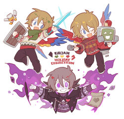  1other 3boys alternate_costume alternate_form alternate_hair_color animal_ears animification antenna_hair bird bird_boy bird_ears bird_wings black_cloak black_pants blue_eyes brown_hair character_name chibi chibi_only chicken chicken_(minecraft) christmas_sweater cloak commentary creator_connection crossover english_text fiery_wings full_body green_scarf grian_(youtuber) grin grumbot hair_between_eyes heart hermitcraft highres holding holding_microphone holding_shield holding_sword holding_weapon humanoid_robot in-franchise_crossover life_heart_(traffic_life) long_sleeves luminous_slime male_focus microphone minecraft minecraft_shield minecraft_sword minecraft_youtube multiple_boys multiple_persona one_eye_closed open_mouth outstretched_arms pants parrot_boy quill red_sweater robot scarf scroll shield short_hair simple_background smile snail standing sweater sword symbol-only_commentary traffic_life_series violet_eyes watcher_(evolution_smp) weapon white_background wings 