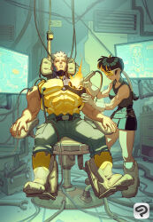  1boy 1girl :3 absurdres android bare_shoulders belt belt_buckle biceps black_belt black_hair black_shirt black_skirt blue_pants boots brush_rush buckle cable chair clip_studio_paint clip_studio_paint_(copyright) clip_studio_paint_(medium) closed_mouth coffee_mug collarbone commentary contrast cup denim elbow_gloves english_commentary exposed_internal_machinery facial_mark forehead full_body gloves hair_tubes high-waist_skirt high_collar highres holding_tool indoors jeans knee_boots logo long_hair maintenance making-of_available mechanic miniskirt mixed-language_commentary monitor mug multicolored_boots muscular muscular_male official_art on_chair original pants parted_lips pencil_skirt ponytail portuguese_commentary power_tool ribbed_shirt ruler safety_glasses screwdriver shirt short_hair single_hair_tube sitting skirt skull sleeping sleeveless sleeveless_shirt sparks spiky_hair standing steam thick_neck tinted_eyewear toned toned_female tool_belt toolbox tools tube two-tone_boots v-taper vent_(object) very_short_hair white-framed_eyewear white_boots white_gloves wrench x-ray_film yellow-tinted_eyewear yellow_boots yellow_shirt 