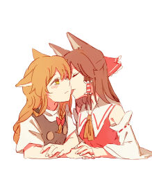  2girls animal_ears bigreen black_vest blonde_hair blush bow braid brown_hair closed_eyes closed_mouth commentary dog_ears dog_girl frilled_bow frilled_hair_tubes frills hair_bow hair_tubes hakurei_reimu highres holding_hands interlocked_fingers kemonomimi_mode kirisame_marisa licking licking_another's_face long_hair multiple_girls no_headwear red_bow side_braid simple_background single_braid tongue tongue_out touhou upper_body vest white_background yellow_eyes yuri 