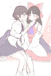  2girls ascot bird_wings black_hair black_skirt black_wings blush bow brown_hair closed_mouth commentary_request detached_sleeves frilled_bow frilled_hair_tubes frills hair_bow hair_tubes hakurei_reimu highres long_hair multiple_girls no_headwear own_hands_together pointy_ears purple_ascot red_bow red_eyes red_skirt ribbon-trimmed_sleeves ribbon_trim seele_(chanseele0128) shameimaru_aya shirt short_hair short_sleeves sitting skirt skirt_set touhou white_shirt wings wiping_face yuri 