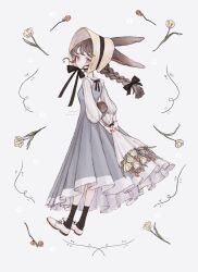  1girl animal_ears black_bow black_socks bonnet bouquet bow braid brown_eyes brown_hair chinstrap closed_mouth commentary_request dated dress floral_border flower from_behind full_body grey_dress hair_bow high_collar highres holding holding_bouquet inset_border limo_nine long_hair long_sleeves looking_at_viewer looking_back original puffy_long_sleeves puffy_sleeves rabbit_ears rabbit_girl rabbit_tail red_flower shirt shoes signature single_braid socks solo standing tail white_background white_bonnet white_flower white_shirt white_shoes 