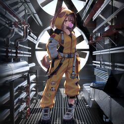  1girl 3d_background absurdres animal_ears backlighting belt black_sports_bra blowing_bubble_gum brown_eyes brown_hair brown_tail catwalk_(walkway) character_pin chewing_gum commentary_request computer dog_ears dog_girl dog_tail double-parted_bangs ears_through_hood full_body futo-inu hair_between_eyes hair_through_hood hands_in_pockets high_ponytail high_tops highres hololive hood hood_up hooded_jumpsuit hoso-inu industrial_pipe inugami_korone inugami_korone_(yb-2_overalls) jumpsuit laptop listener_(inugami_korone) looking_at_viewer medium_hair messy_hair official_alternate_costume official_alternate_hairstyle overexposure ponytail shoes sneakers solo sports_bra tail tail_through_clothes traveler_(artbbt) valve virtual_youtuber white_belt white_shoes yellow_jumpsuit 