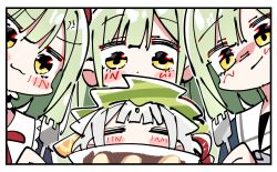  4girls ;3 =_= anger_vein bang_dream! bang_dream!_it's_mygo!!!!! blush commentary_request fork green_hair hat highres holding holding_fork kaname_raana long_sleeves mortis_(bang_dream!) mortis_(costume)_(bang_dream!) mortis_(persona)_(bang_dream!) multiple_girls multiple_persona one_eye_closed red_hat school_uniform tsukinomori_school_uniform wakaba_mutsumi white_hair zhanzhangzlw 