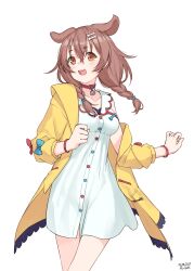  1girl absurdres animal_collar animal_ears artist_name belt_collar bone_hair_ornament braid braided_twintails breasts brown_eyes brown_hair buttons collar commentary_request dated dog_ears double-parted_bangs dress empire_waist extra_ears feet_out_of_frame girly_running hair_between_eyes hair_ornament hairclip highres hololive inugami_korone inugami_korone_(1st_costume) jacket long_hair low_twin_braids low_twintails medium_breasts off_shoulder open_clothes open_jacket open_mouth parallel_hairclips paw_pendant raised_eyebrows red_collar short_dress signature simple_background single_bare_shoulder single_off_shoulder sleeve_bow sleeveless sleeveless_dress solo traveler_(artbbt) twin_braids twintails virtual_youtuber white_background white_dress wristband yellow_jacket 