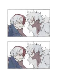  2boys blue_jacket boku_no_hero_academia border brothers commentary dabi_(boku_no_hero_academia) earrings hair_between_eyes hand_on_another's_chin highres jacket jewelry looking_at_another lyuuuuqq13 male_focus multicolored_hair multiple_boys parted_lips red_hair siblings spiky_hair stitched_face stitched_hand stitches symbol-only_commentary todoroki_shoto todoroki_touya torn_clothes two-tone_hair white_background white_border white_hair 