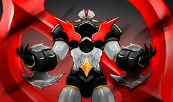  absurdres arm_blade armor black_armor cowboy_shot hands_up highres looking_at_viewer mazinger_(series) mazinger_zero_(mecha) mecha mecha_focus ringed_eyes robot shin_mazinger_zero solo super_robot user_haay5824 weapon yellow_eyes 
