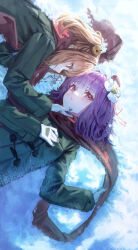  2girls absurdres alternate_costume bell closed_mouth commentary eye_contact flower gloves green_jacket hair_bell hair_flower hair_ornament hand_on_another's_face hieda_no_akyuu highres jacket jingle_bell looking_at_another lying medium_hair motoori_kosuzu multiple_girls nepperoni on_back on_side orange_eyes orange_hair purple_hair red_scarf scarf snow touhou violet_eyes white_flower white_gloves winter winter_clothes yuri 