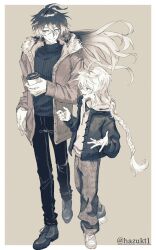  2boys aether_(genshin_impact) ahoge alternate_costume antenna_hair artist_name baggy_pants blush boots border braid closed_mouth collarbone crossed_bangs cup disposable_coffee_cup disposable_cup earrings empty_eyes fingernails flins_(genshin_impact) floating_hair full_body fur-trimmed_jacket fur_trim genshin_impact gradient_hair greyscale hair_between_eyes hair_ornament half-closed_eyes hand_up hands_up hazukt1 highres holding holding_cup hood hoodie jacket jewelry long_hair long_sleeves looking_at_another low-braided_long_hair low-tied_long_hair male_focus monochrome multicolored_hair multiple_boys open_clothes open_jacket open_mouth outside_border pants puffy_long_sleeves puffy_sleeves shirt shoes simple_background single_braid single_earring smile standing sweater t-shirt teeth tongue turtleneck turtleneck_sweater wavy_hair 
