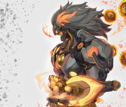  1boy absurdres banyue_(zenless_zone_zero) claws clothed_robot clothes_around_waist commentary_request english_commentary fire floating_ball from_side glowing glowing_eyes glowing_hair glowing_mouth grey_background grey_hair gutong highres holding holding_orb humanoid_robot male_focus mixed-language_commentary open_mouth orb robot robot_boy solo upper_body zenless_zone_zero 